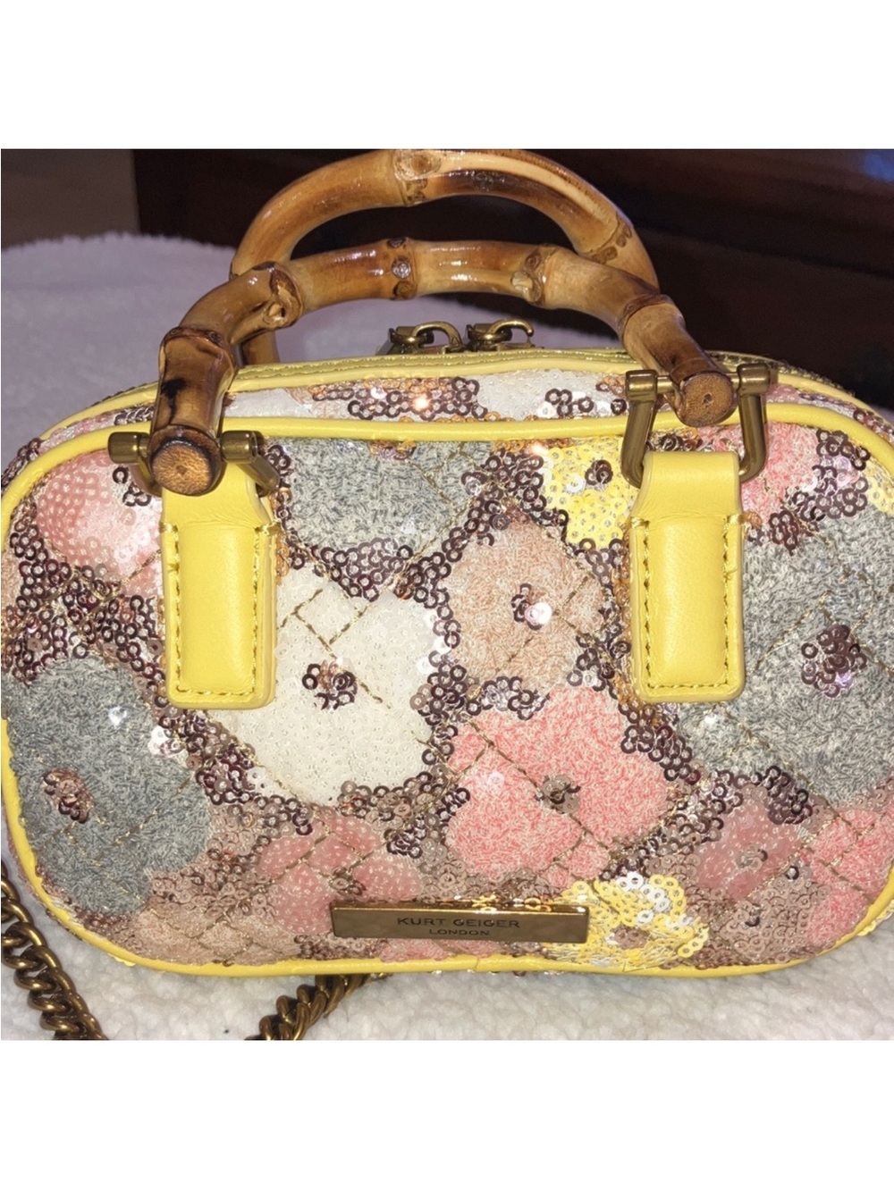 Kurt Geiger London NWT Kensington Duffle Sequin Satchel Bag w/Bamboo Handles - Picture 3 of 10